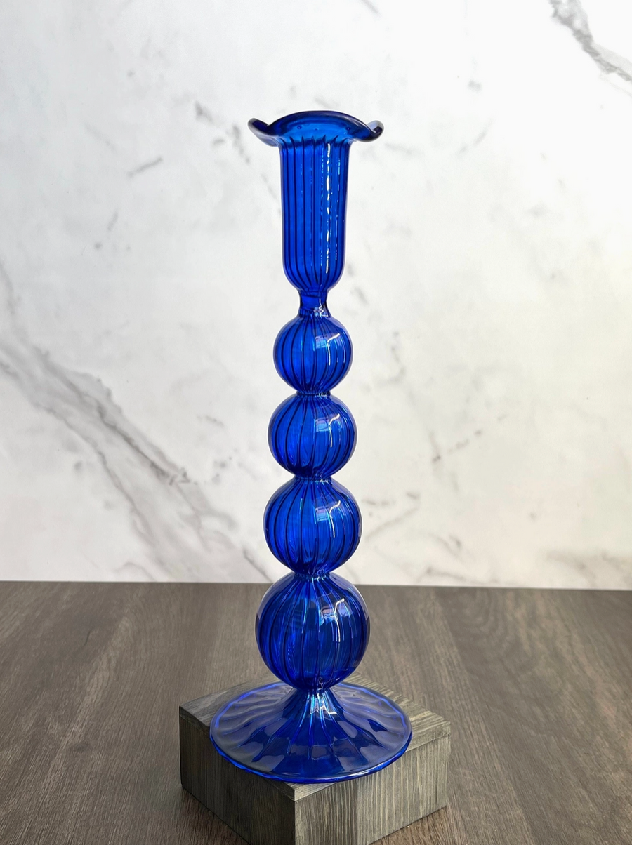 Short Puffed Swirl Glass Candlestick Holder, Cobalt Blue