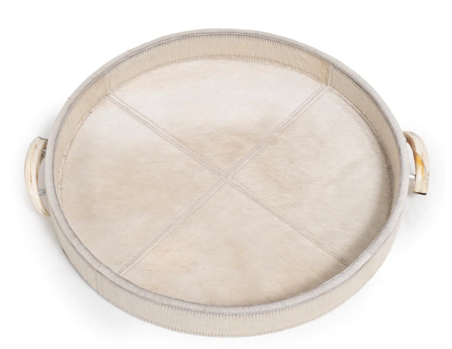 Cream Cow Hide Round Tray with Warthog Tusk Handles