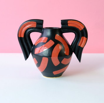 Satin Black Vase with Red Shapes