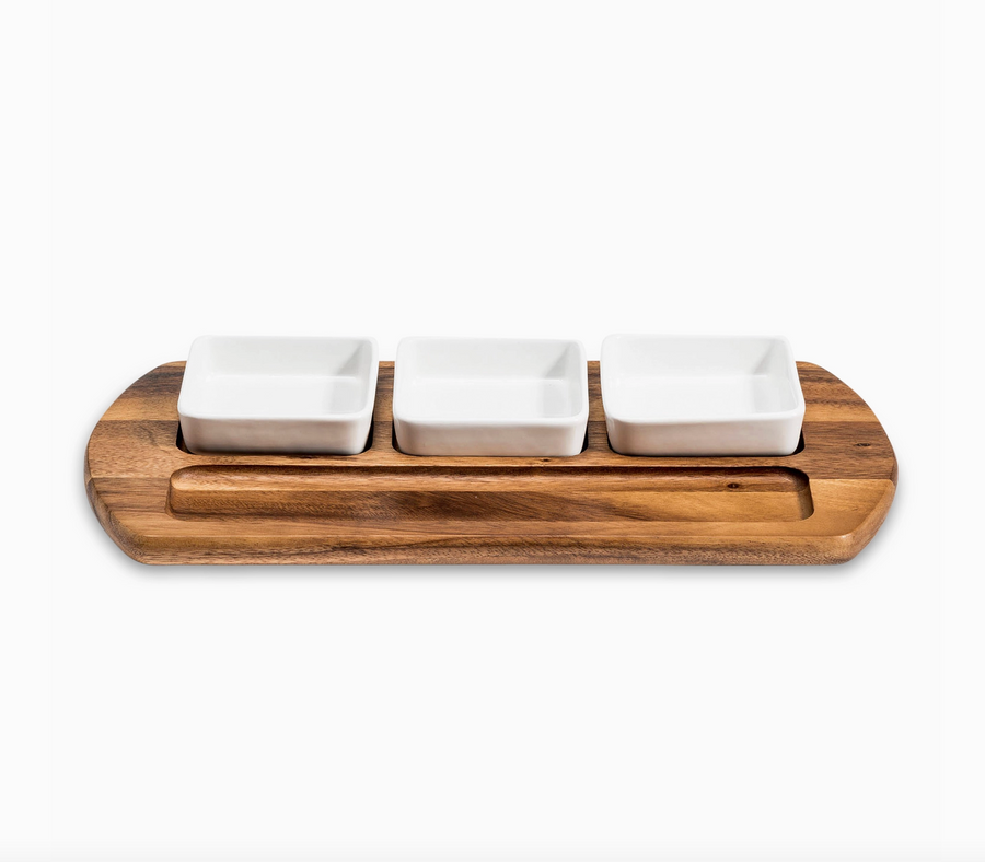 Charcuterie/Serving Tray with 3 Ceramic Dishes