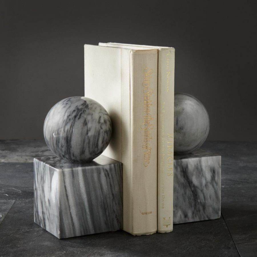 Cloud Gray Marble Ball on Cube Bookend