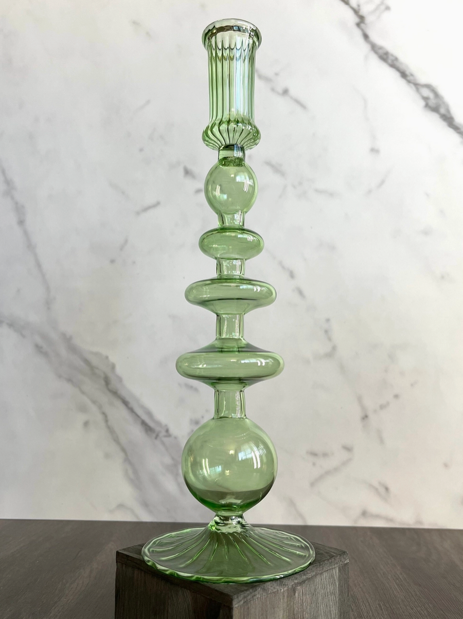 Handblown Globe Swirl Glass Candlestick Holder, Light Green