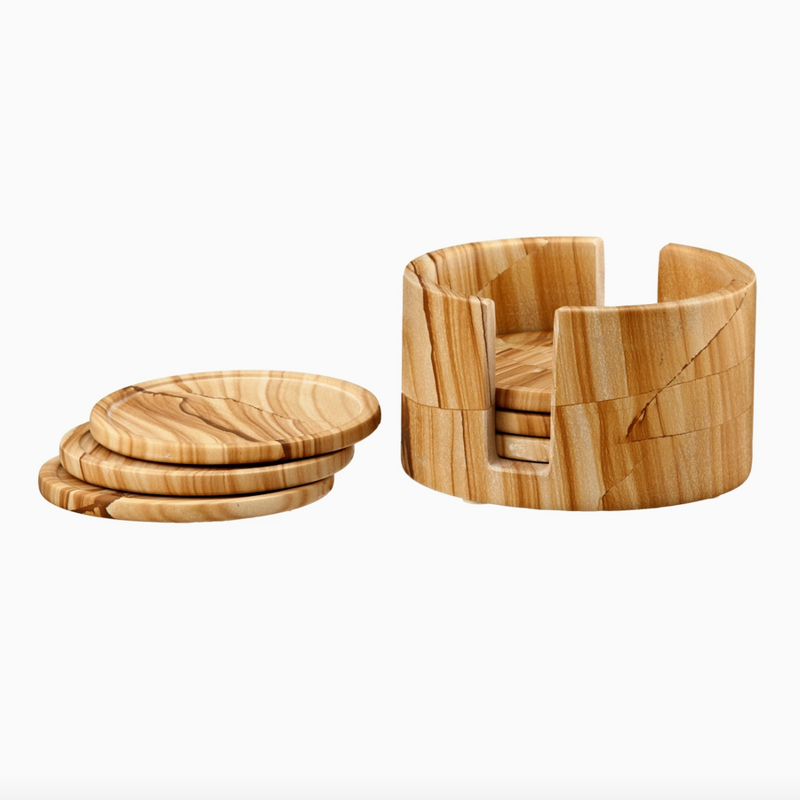 Teak Stone Marble Coaster Set