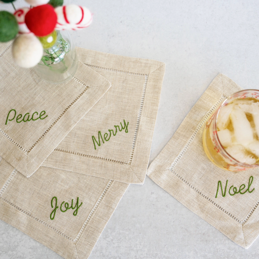 Festive Word Linen Coasters, Set of Four, Green