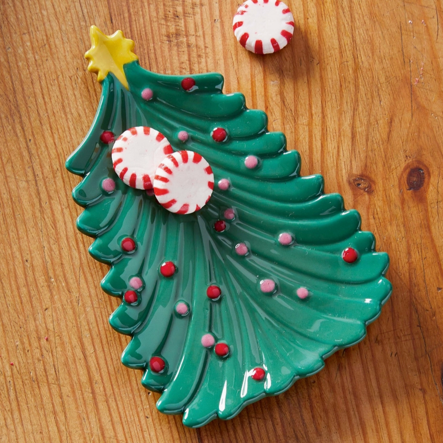 Green Christmas Tree Tidbit Plate